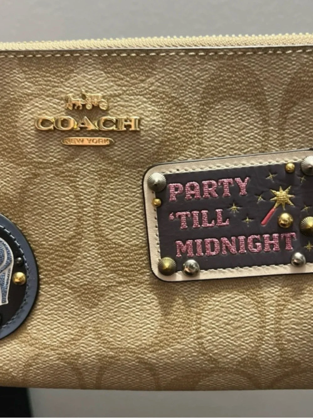 Coach Gold Metallic Wristlet with Party Till Midnight Patch